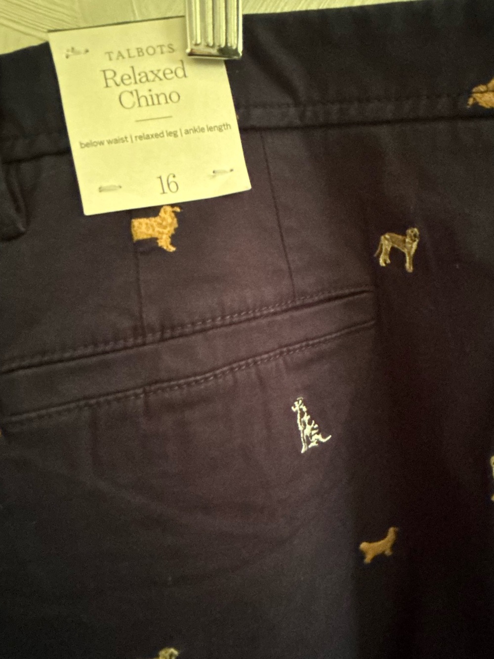 NWT Women’s TALBOTS Navy Embroidered 🐕Dog-Pattern Chino Pants sz 16🐩 - Picture 5 of 7